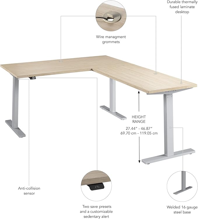 Bush Business Furniture 60-inch Height Adjustable L Shaped Standing Desk, Electric Sit-Stand Corner Computer Table, Ergonomic Office, Move 60 Series, Natural Elm with Metallic Gray Base