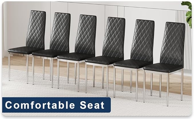 JT Modern Minimalist Dining Chair Fireproof Leather Sprayed Metal Pipe Diamond Grid Pattern Restaurant Home Conference Chair Set of 4 Or 6 (8, Black)