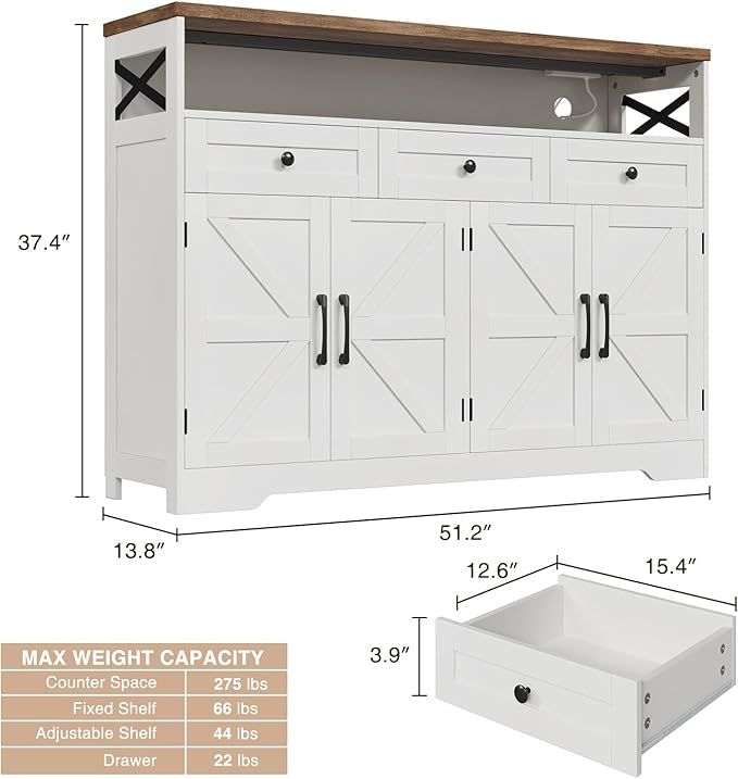 51" Farmhouse Buffet Sideboard Cabinet with Storage, White Kitchen Storage Pantry Cabinet with Drawers, Wood Cupboard Hutch, Coffee Bar Station Table for Kitchen, Living Room, Dining Room