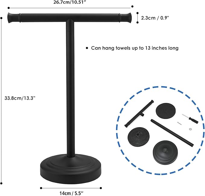 RUMOSE 13 Inch Matte Black Towel Stand Hand Towel Holder Bathroom Kitchen Vanity Countertop T-Shape Towel Rack Free Standing Stainless Steel Towel Bar Towel Ring