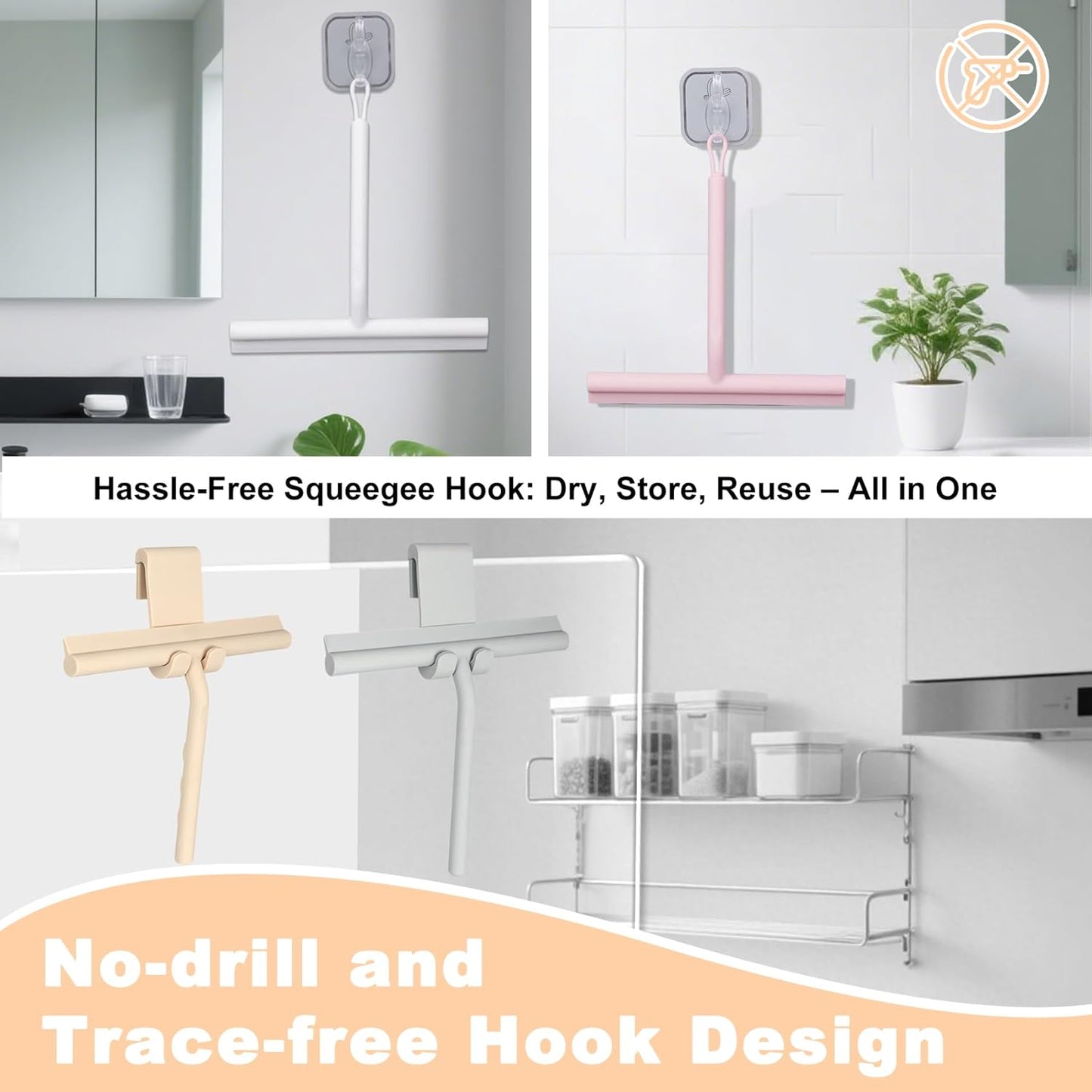 Squeegee for Shower Glass Doors, Resilient Loop - No-Drill & Adhesive Hook, Silicone Shower Squeegee with Stainless Steel Core, Cleaning Tool for Home, Kitchen, Bathroom & Car - Beige