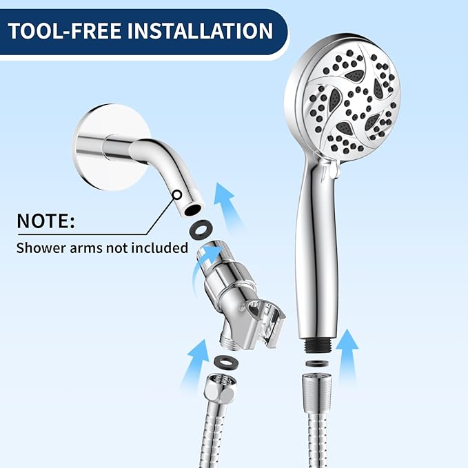 Hand Held Shower Head, High Pressure 6 Spray Mode Handheld Showerhead, Chrome Shower Head with 59 Inch Stainless Steel Hose and Adjustable Bracket
