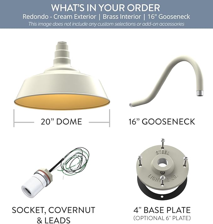 Steel Lighting Co. Redondo Barn Light | Outdoor Wall Mounted | 20 inch Dome | 16" Gooseneck | Large Farmhouse Warehouse Light Made in America | Cream Exterior/Brass Interior