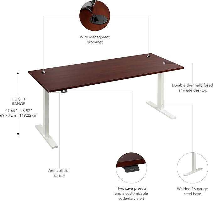 Bush Business Furniture 72-inch Electric Height Adjustable Standing Desk, Ergonomic Sit-Stand Computer Table for Home and Professional Office, Move 60 Series, Hansen Cherry with White Base