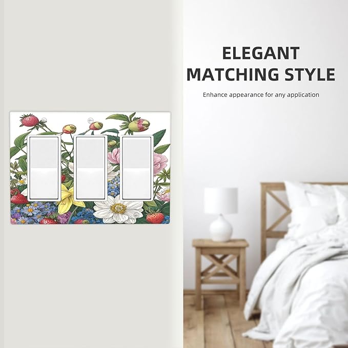 Spring Watercolor Flower Plant Strawberry Peony Floral Light Switch Covers 3 Gang Rocker Decorative Triple Outlet Wall Plate Cover Switchplate Electrical GFCI for Bedroom living Room Decor