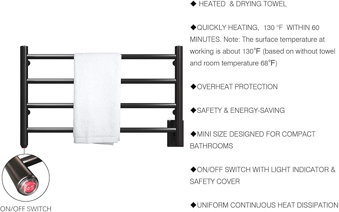 HEATGENE Towel Warmer 4 Bar Towel Dryer Wall-Mounted Plug-in Bath Towel Heater - Matte Black