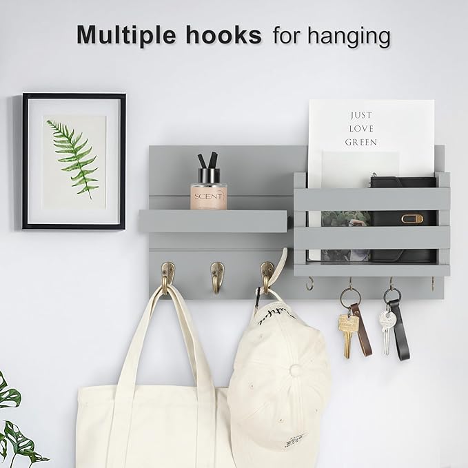 Mail Organizer for Wall Mount – Key Holder with Shelf Includes Letter Holder and Hooks for Coats, Dog Leashes – Rustic Wood with Flush Mounting Hardware (16.5” x 8.7” x 3.5”) (Gray)