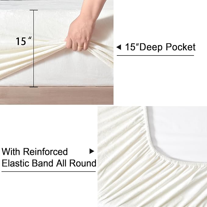 PHF Truly Velvet Fitted Sheet Only King Size, Luxury Super Soft Cozy Fuzzy Fleece Bottom Sheet, Deep Pocket Up to 16",Strenghth Elastic Band, Suitable for Fall Winter Spring, No Pillowcases,Snow White