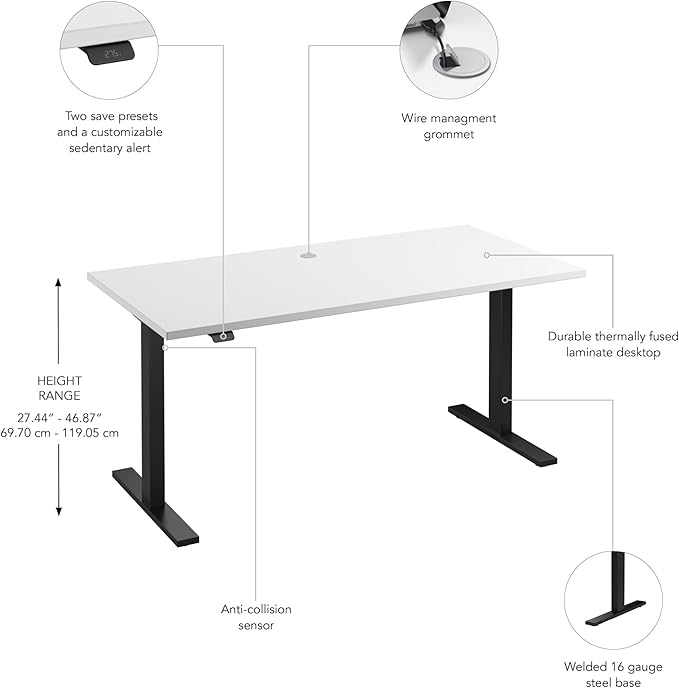 Bush Furniture Move 60 Electric Height Adjustable Desk, Ergonomic Sit-Stand Computer Table for Home and Professional Office, 60W x 30D, White