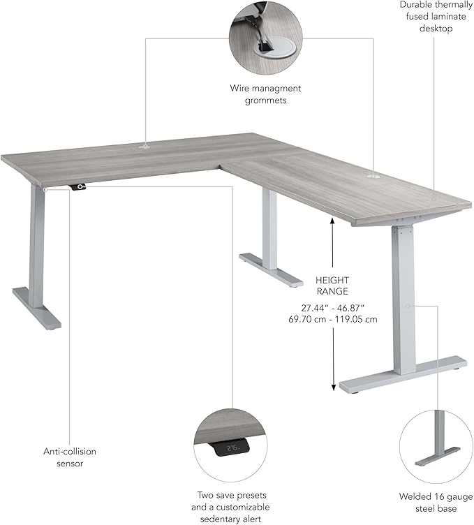 Bush Business Furniture 60-inch Height Adjustable L Shaped Standing Desk, Electric Sit-Stand Corner Computer Table, Ergonomic Office, Move 60 Series, Platinum Gray with Metallic Gray Base