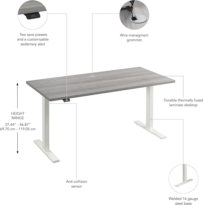 Bush Business Furniture 60-inch Electric Height Adjustable Standing Desk, Ergonomic Sit-Stand Computer Table for Home and Professional Office, Move 60 Series, Platinum Gray with White Base