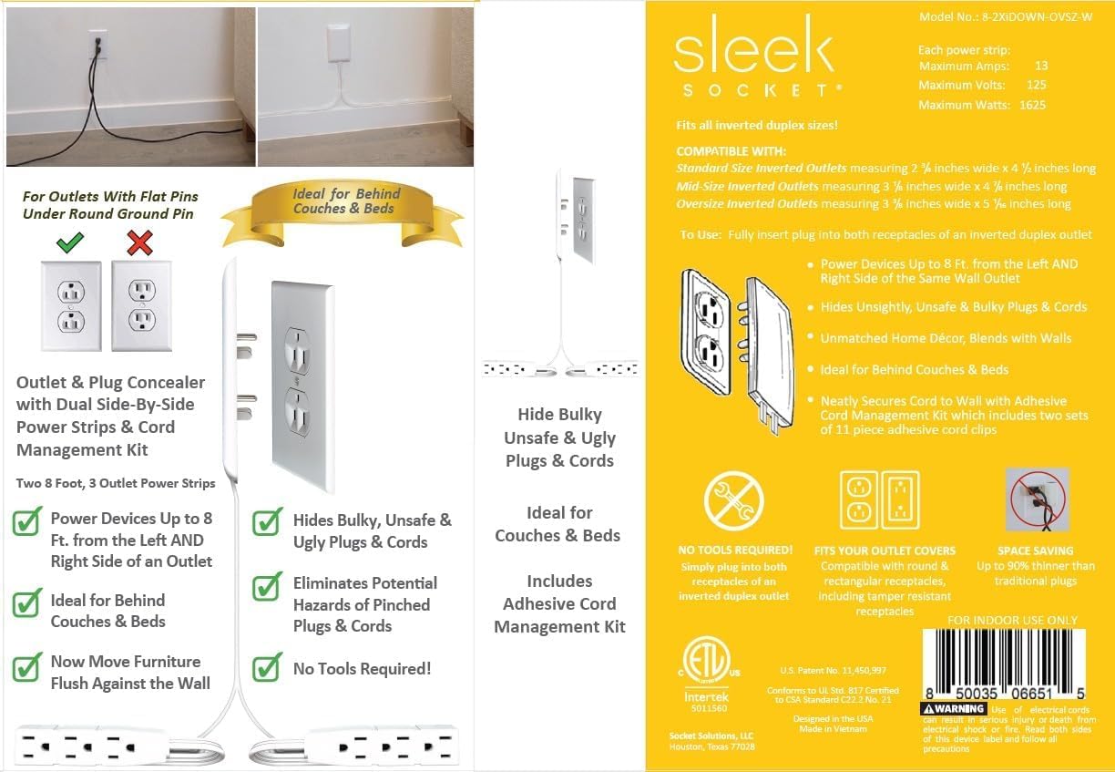 Sleek Socket Original & Patented Ultra-Thin Outlet Concealer With Cord Kit, Flat Extension With Multi Outlets Power Strip, Ideal for Home Improvement, Hide Bulky and Messy Cords