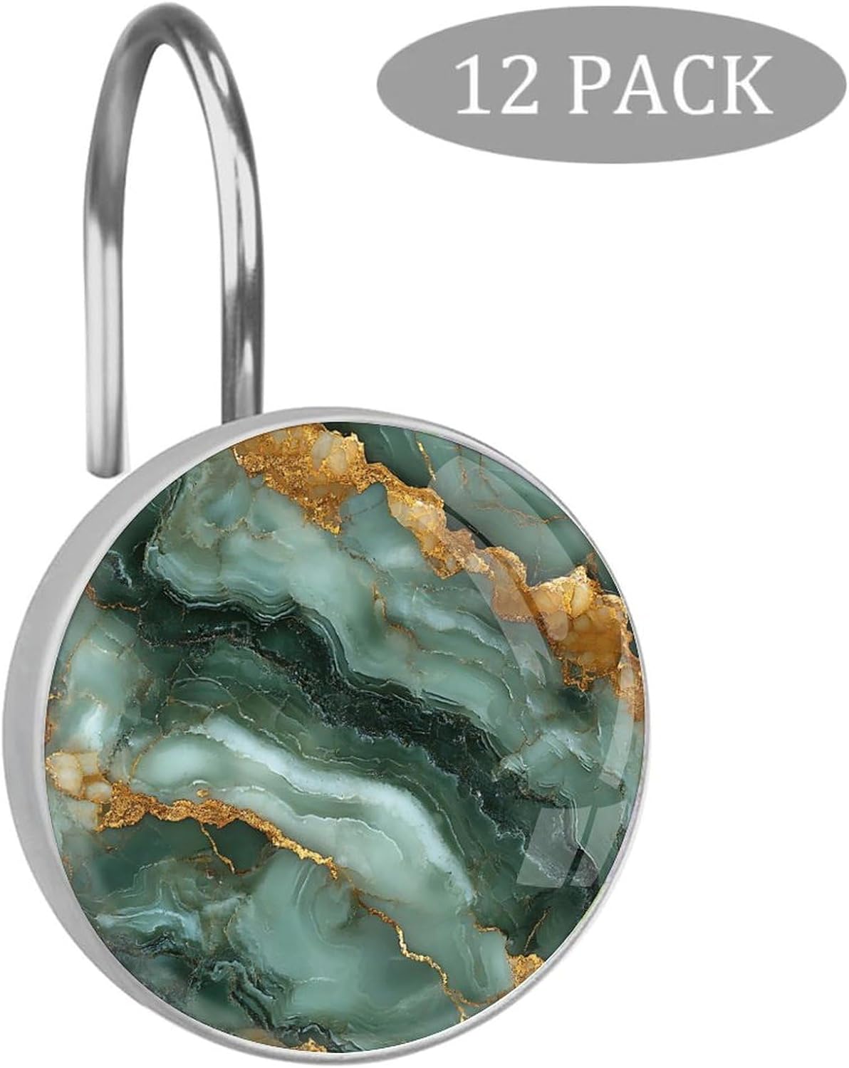 Marbling Shower Curtain Hooks,12 Pcs Rust Proof Glass Surface Stainless Steel Curtain Rings for Bathroom Bedroom Living Room Kitchen Home Shower Rods Decor