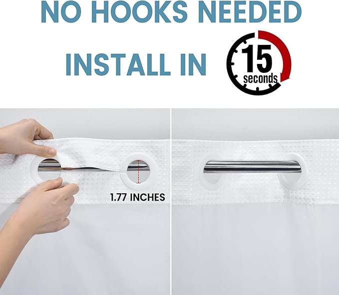 White Stall No Hook Shower Curtain with Snap in Liner,230GSM Waffle Weave Shower Curtains for Bathroom,54W x 80H