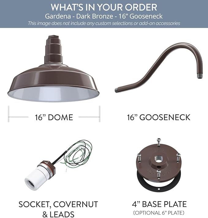 Steel Lighting Co. Gardena Barn Light | Outdoor Wall Mounted | 16" Dome | 16" Gooseneck | Farmhouse Light Made in America | Dark Bronze Exterior/White Interior