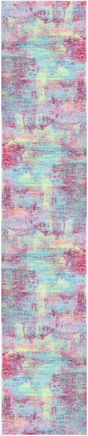 IOHOUZE Abstract Runner Rug 3x12 Ft Washable Runners for Hallways, Non Slip Kitchen Runner Printed Faux Wool Entryway Runner Indoor, Modern Abstract Floor Carpet for Hall Kitchen, Pink Teal