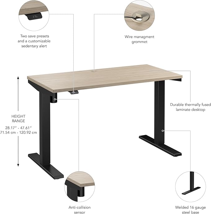 Bush Business Furniture Move 40 Series 48W x 24D Electric Height Adjustable Standing Desk in Natural Elm with Black Base, Ergonomic Sit-Stand Computer Table for Home and Professional Office