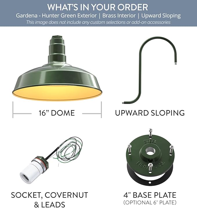 Steel Lighting Co. Gardena Barn Light | Outdoor Wall Mounted | 16" Dome | Upward Sloping Gooseneck | Farmhouse Light Made in America | Hunter Green Exterior/Brass Interior