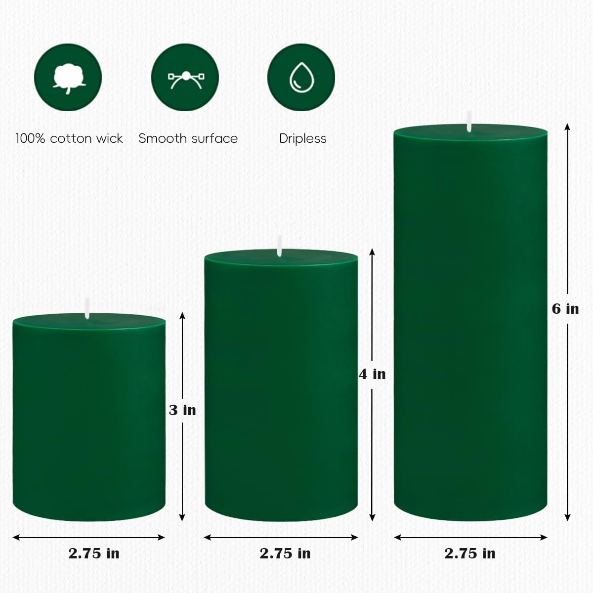 3 Packs Different Size Green Pillar Candles, Unscented Dripless 2.75x3, 2.75x4, 2.75x6 Inch Colored Cylinder Candles for Home Power Outage Dinner Table St. Patrick's Day Decoration