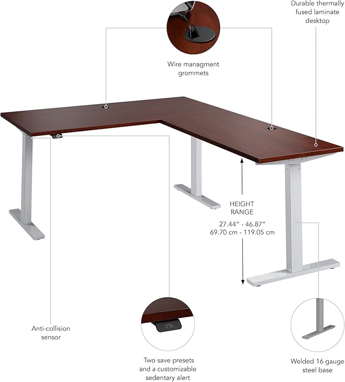 Bush Business Furniture 60-inch Height Adjustable L Shaped Standing Desk, Electric Sit-Stand Corner Computer Table, Ergonomic Office, Move 60 Series, Hansen Cherry with Metallic Gray Base