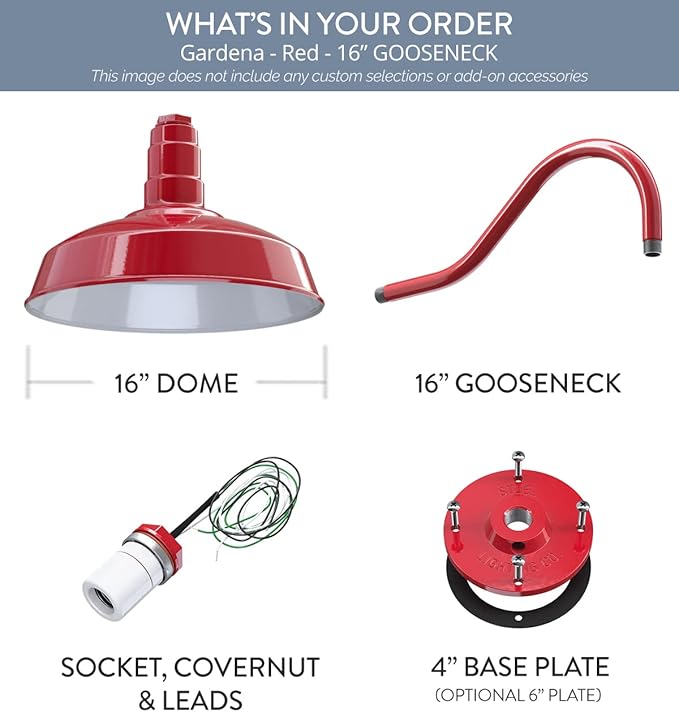 Steel Lighting Co. Gardena Barn Light | Outdoor Wall Mounted | 16" Dome | 16" Gooseneck | Farmhouse Light Made in America | Red Exterior/White Interior