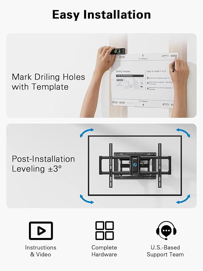 Pipishell Full Motion TV Wall Mount for 40–82 inch Flat or Curved TVs, Smooth Swivel & Extension, Tool-Free Tilt with Heavy-Duty Arms, Max VESA 600x400mm up to 110 lbs, Fits 12″/16″ Wood Studs, PILF11