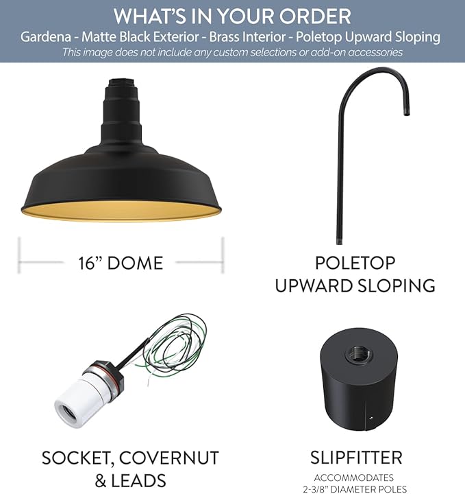 Steel Lighting Co. Gardena Barn Light | Outdoor Pole Top Mounted | 16" Dome | Upslope Gooseneck with Slip Fitter for 2-3/8" Standard Poles | Made in America | Matte Black Exterior/Brass Interior