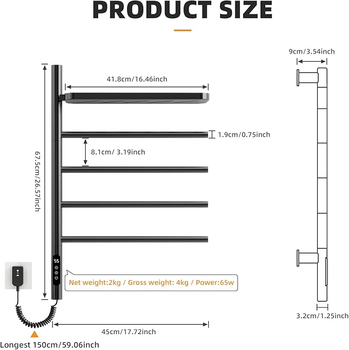 Swivel Heated Towel Rack, Wall Mounted Electric Towel Warmer Rack for Bathroom, 4 Round Bars Swivelable Towel Dryer with Tray, Towel Heater with Built-in Timer, for bathroom, Salons & Spas (G64 Black)