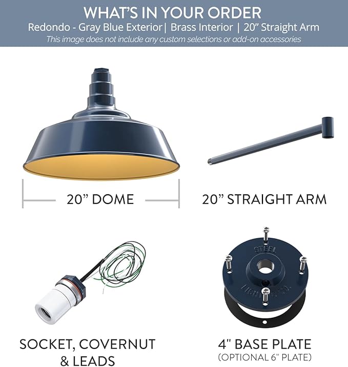 Steel Lighting Co. Redondo Barn Light | Outdoor Wall Mounted | 20 inch Dome | 20" Straight Arm | Large Farmhouse Warehouse Light Made in America | Gray Blue Exterior/Brass Interior