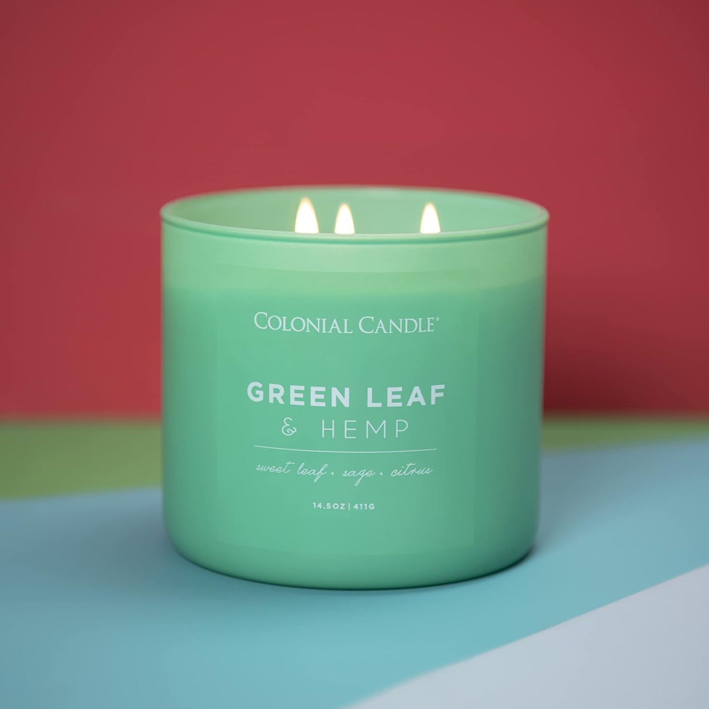 Colonial Candle Green Leaf & Hemp Scented Jar Candle, Pop of Color Collection, 3 Wick, Green, 14.5 oz - Up to 60 Hours Burn