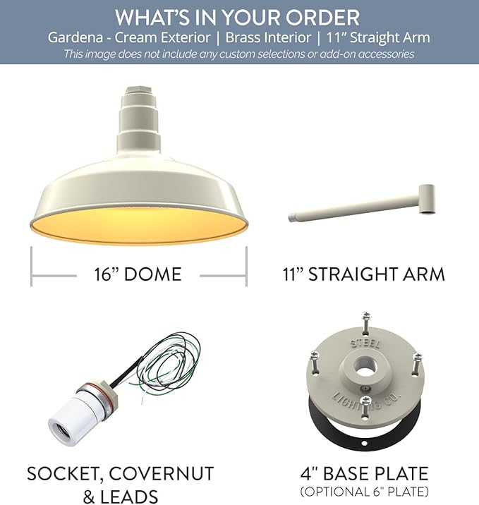 Steel Lighting Co. Gardena Barn Light | Outdoor Wall Mounted | 16" Dome | 11" Straight Arm | Farmhouse Light Made in America | Cream Exterior/Brass Interior