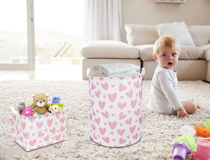 Pink Heart Laundry Hamper, Laundry Basket, Girls Nursery Hamper,Waterproof Storage Bin for Bedroom,Clothes Organizer Basket, Room Decor(Pink Heart)