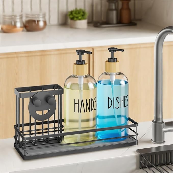Moforoco Kitchen Dish Soap Dispenser Set, 16OZ Glass Bottle, Hand and Dish Soap Dispenser Set, Instant Dry Tray, Non-Slip Silicone Pad, Brush Holder with Sponge Holder, Kitchen Decor(Clear Bottle)