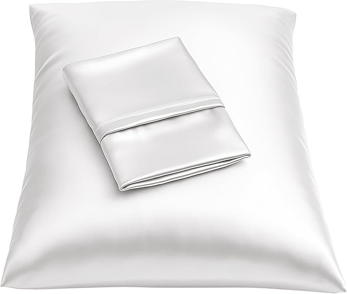 Satin Pillowcase with Zipper for Hair and Skin Care, Feels Soft and Cool Like a Silk Pillowcase, White Satin Pillow Cases 2 Pack, Slik Pillow Cover, Standard Size - Set of 2