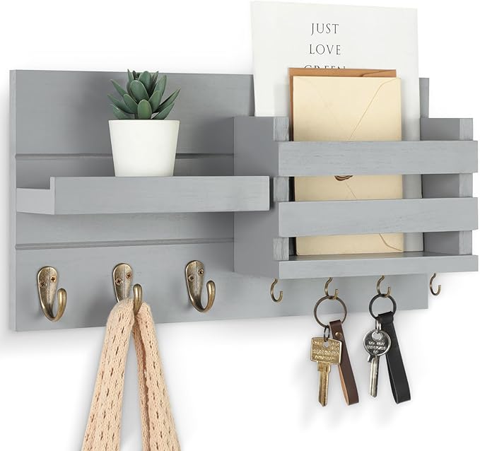 Mail Organizer for Wall Mount – Key Holder with Shelf Includes Letter Holder and Hooks for Coats, Dog Leashes – Rustic Wood with Flush Mounting Hardware (16.5” x 8.7” x 3.5”) (Gray)