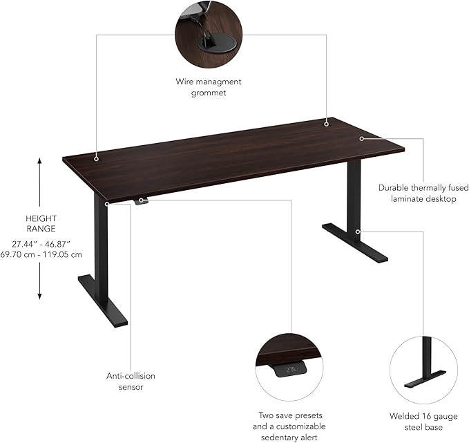 Bush Business Furniture 72-inch Electric Height Adjustable Standing Desk, Ergonomic Sit-Stand Computer Table for Home and Professional Office, Move 60 Series, Black Walnut with Black Base