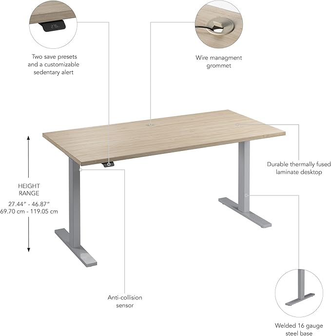 Bush Business Furniture Move 60 Series 60W x 30D Electric in Natural Elm with Silver Base, Ergonomic Sit-Stand Computer Table for Home and Professional Office