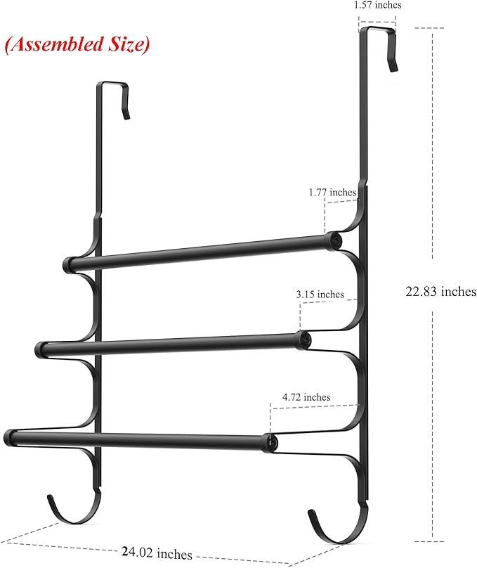 Over The Door Towel Rack, Triple Towel Storage Holder with Hooks, 24.02 Inches Towel Bar Hanger Towel Racks for Bathroom (Black)