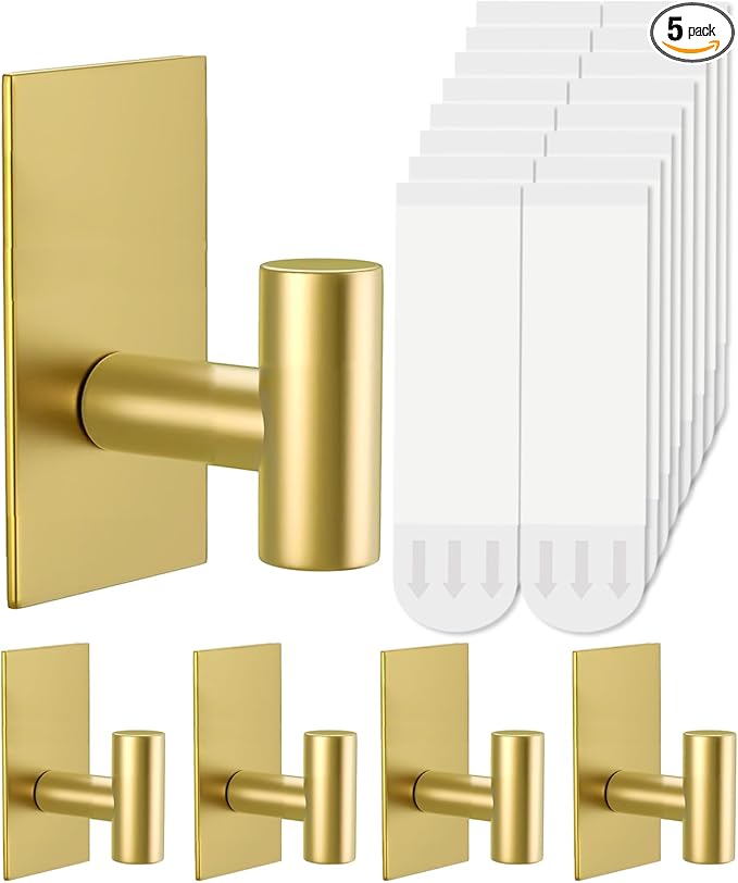 5 Pcs Towel Hooks Heavy Duty for Hanging,Adhesive Wall Hooks with Removable Strips,Sticky No Damage,Outdoor for Bathrooms,Shower,Stockings,Decor,Robe,X-Large,Gold 304 Stainless Steel