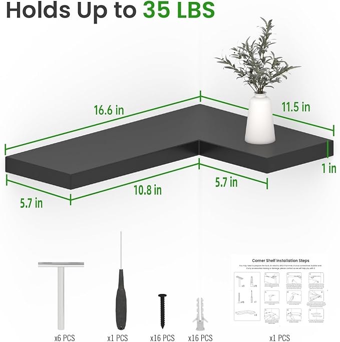 NATURE'S SOURCE Corner Floating Shelves with Invisible Brackets, Corner Shelves Wall Mounted Set of 3, Bedroom Bathroom Kitchen Living Room Office- Gothic Style 16.6" x 6" (Black)