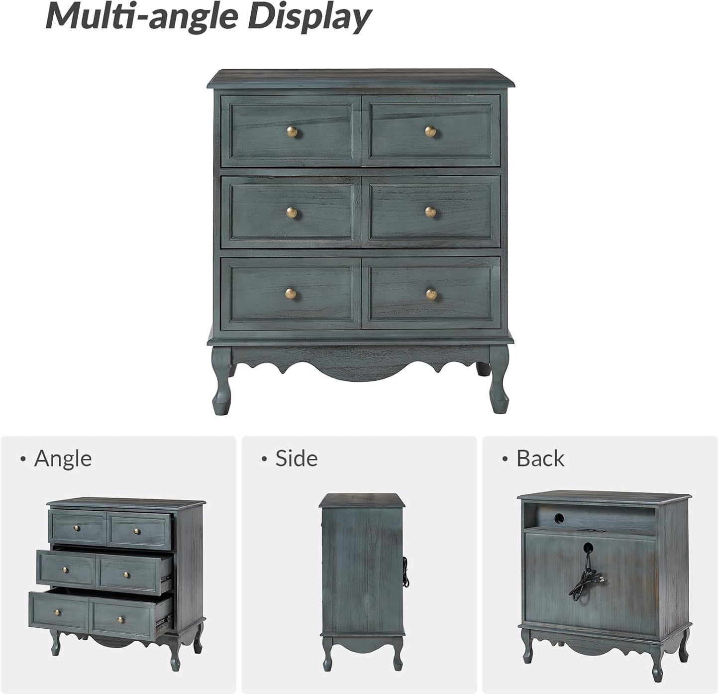 HULALA HOME 3-Drawer Nightstand with Charging Station, Drawer Organizer with Wood Legs, Farmhouse Solid Wood Nightstand(Blue)