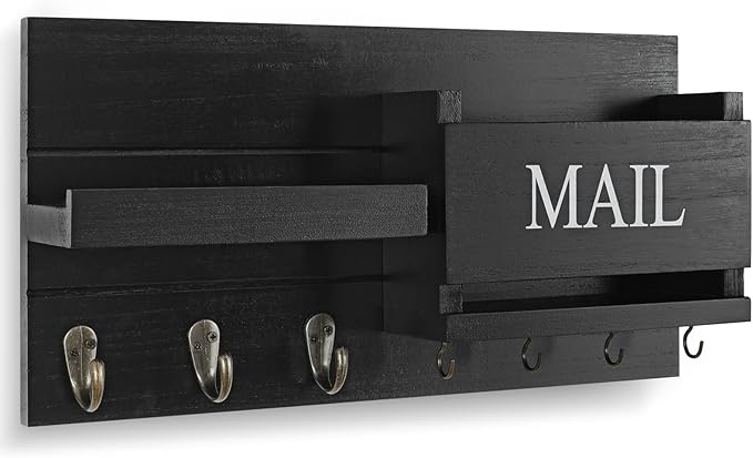 Mail Organizer for Wall Mount – Key Holder with Shelf Includes Letter Holder and Hooks for Hallway Farmhouse Decor – Rustic Wood with Flush Mounting Hardware (16.5” x 9.1” x 3.4”) (Black)