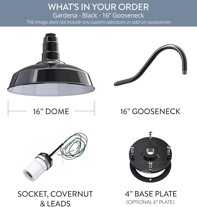 Steel Lighting Co. Gardena Barn Light | Outdoor Wall Mounted | 16" Dome | 16" Gooseneck | Farmhouse Light Made in America | Black Exterior/White Interior