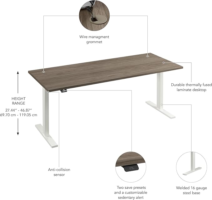 Bush Business Furniture 72-inch Electric Height Adjustable Standing Desk, Ergonomic Sit-Stand Computer Table for Home and Professional Office, Move 60 Series, Modern Hickory with White Base