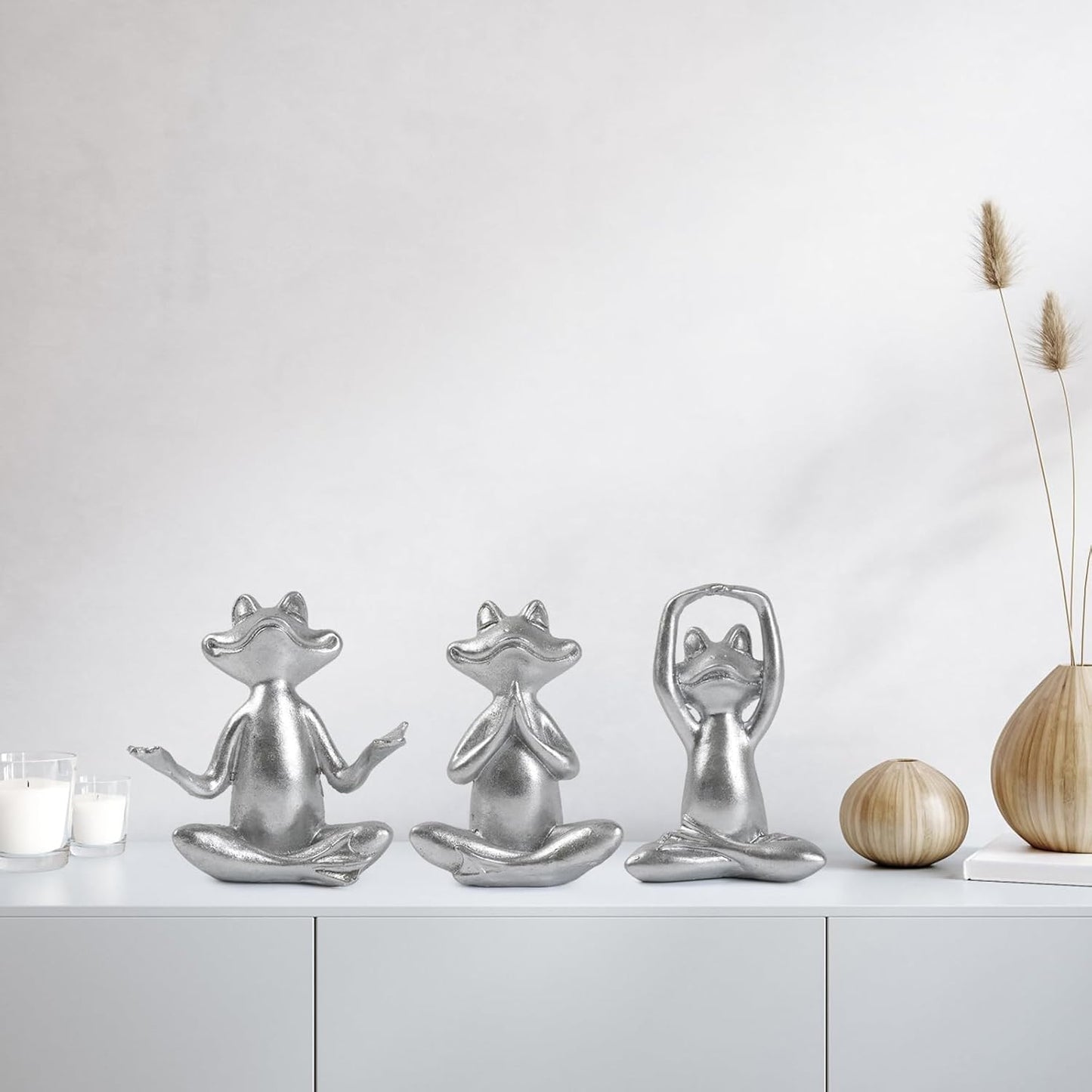 Silver Frog Figurines Yoga Decor Set of 3 –Frog Yoga Statues for Modern Living Room Table Office Bookshelf Shelves Home Sculptures Decor, for Mom Dad Women