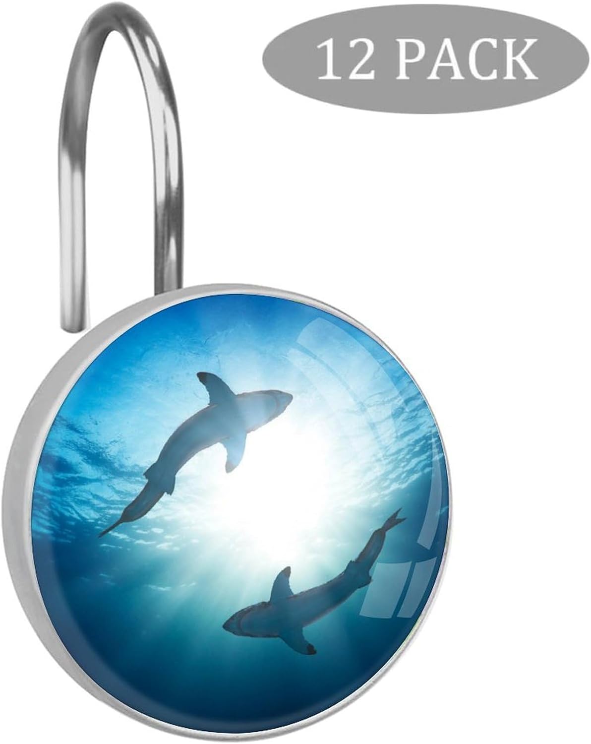 Sharks Shower Curtain Hooks, 12 Pcs Rust Proof Glass Surface Stainless Steel Curtain Rings for Bathroom Bedroom Living Room Kitchen Home Shower Rods Decor