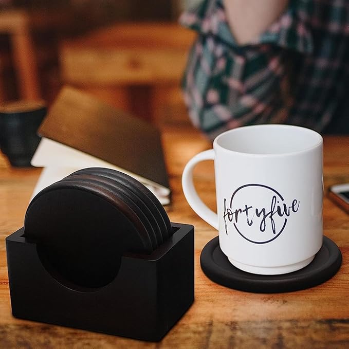 Mu&Ti Walnut Black Wood Coaster, Natural Wooden 6-Piece Coaster, with Stand, for Organic Dinner Decoration Core on Home Desk