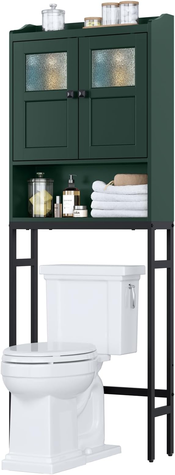 Over The Toilet Storage, Bathroom Over The Toilet Organizer, Above Toilet Storage with Double Doors and Soft Hinges Over Toilet Storage Shelf Over The Toilet Storage Cabinet (Forest Green)