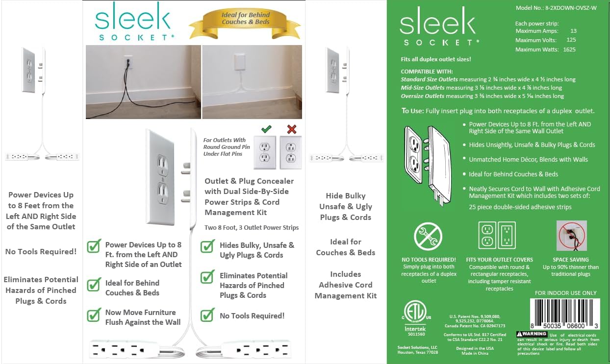 Sleek Socket Original & Patented Ultra-Thin Outlet Concealer with Cord Concealer Kit, Flat Extension Cord with Multi Outlets Power Strip, Ideal for Home Improvement, Hide Bulky and Messy Cords