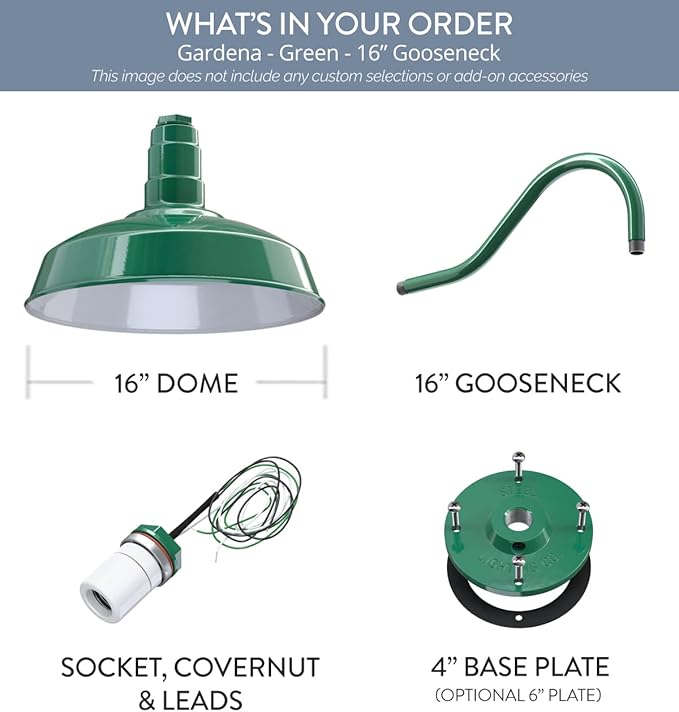 Steel Lighting Co. Gardena Barn Light | Outdoor Wall Mounted | 16" Dome | 16" Gooseneck | Farmhouse Light Made in America | Green Exterior/White Interior